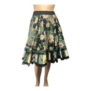 Handmade Holiday Patchwork Skirt – Painted Poinsettias, Lace Hem & Pocket